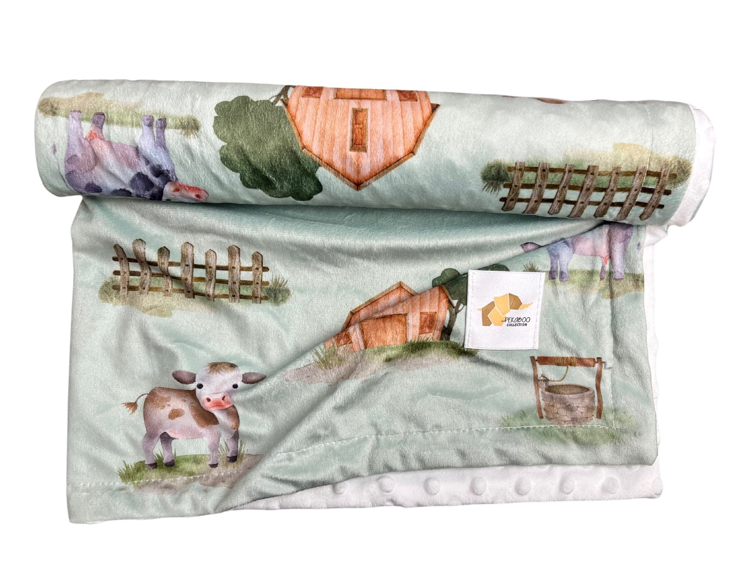 Couverture minky - Ferme vache vert