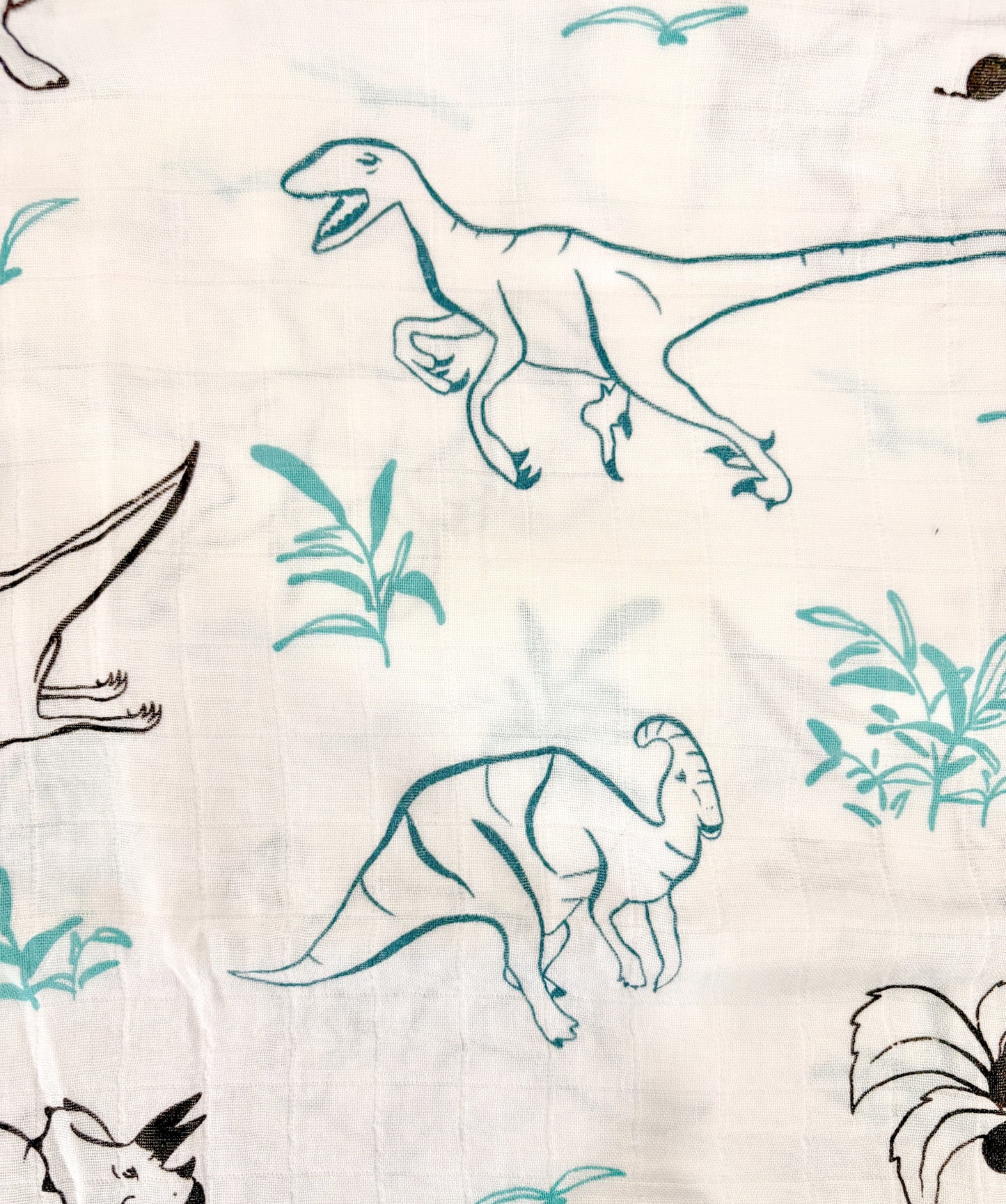 Couverture mousseline de bambou - Dessin dinosaure emeraude