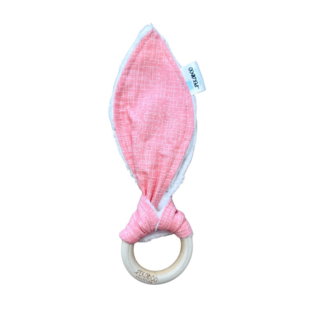 Anneau de dentition bois oreille de lapin - Motifs ligné rose
