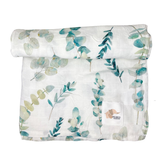 Couverture mousseline de bambou - Feuilles d’eucalyptus (bleu)