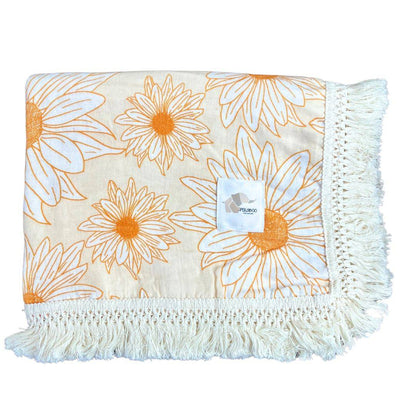 Couverture mousseline avec franges - Marguerites moutarde