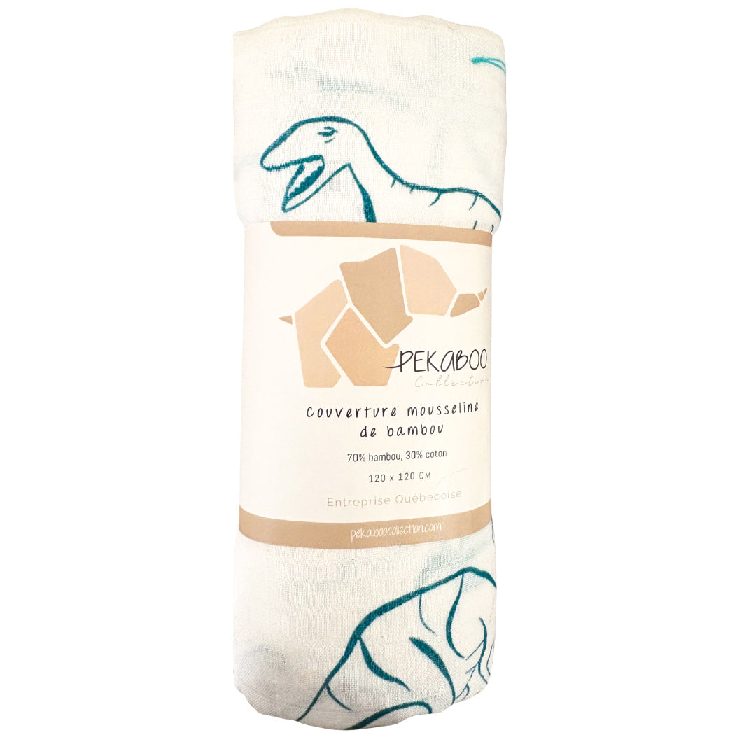 Couverture mousseline de bambou - Dessin dinosaure emeraude