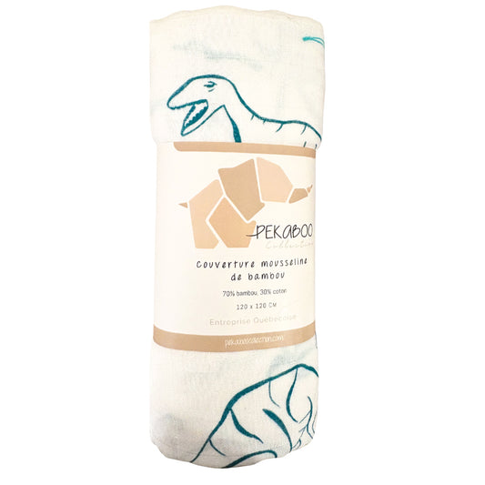 Couverture mousseline de bambou - Dessin dinosaure emeraude