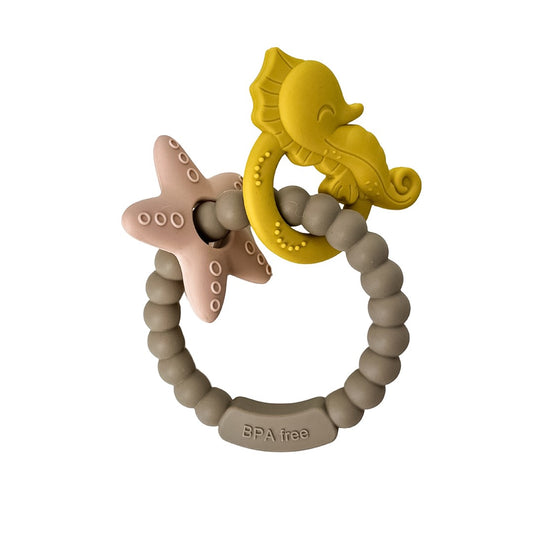 Jouet de dentition - Anneau silicone hippocampe étoile de mer beige