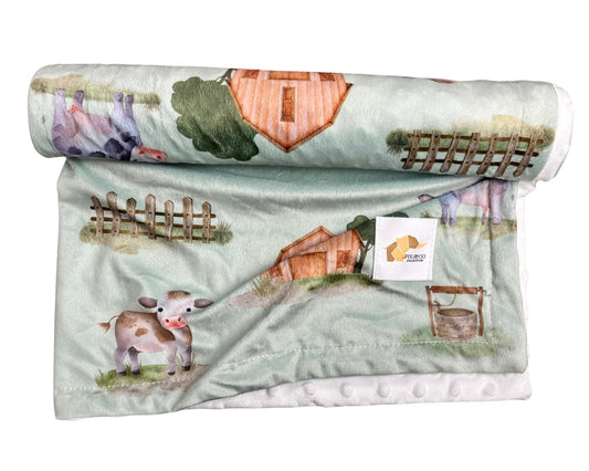 Couverture minky - Ferme vache vert