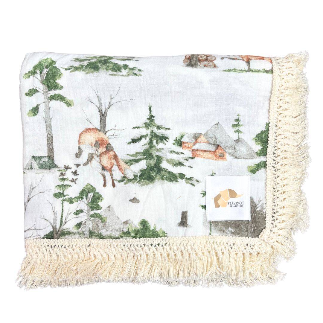 Couverture mousseline avec franges - Nature et renards vintage
