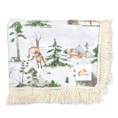Couverture mousseline avec franges - Nature et renards vintage