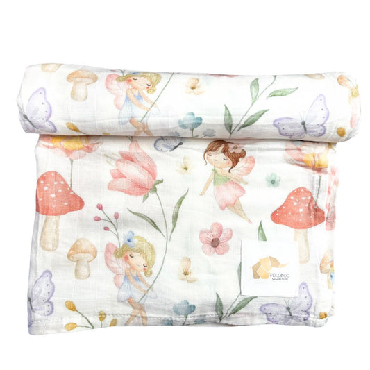 Couverture mousseline de bambou - Fées fleurs champignons