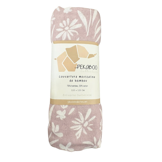 Couverture mousseline de bambou - Douce floraison vieux rose