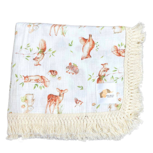 Couverture mousseline avec franges - Forêt enchantée beige