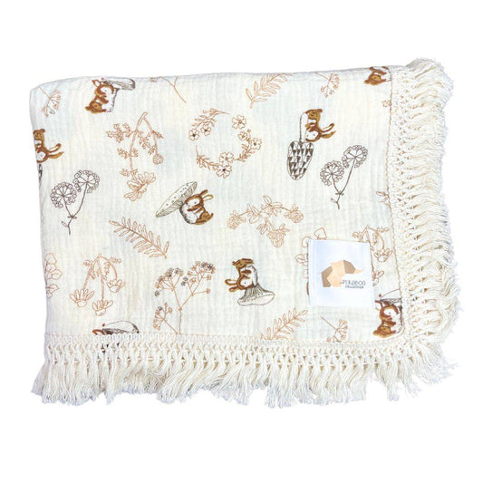 Couverture mousseline avec franges - Lapins et feuillage rust