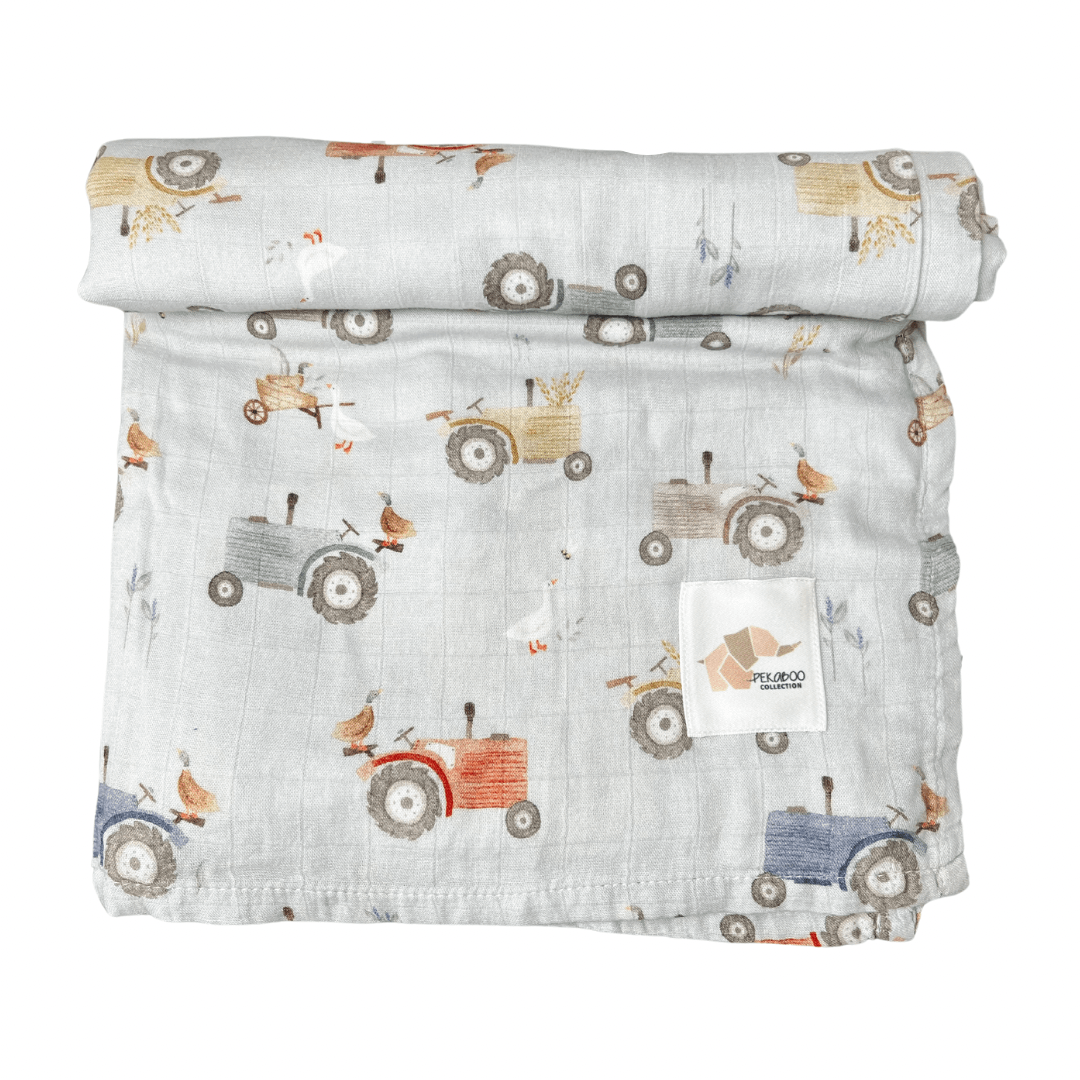 Couverture mousseline de bambou - Tracteurs vintages (bleu)