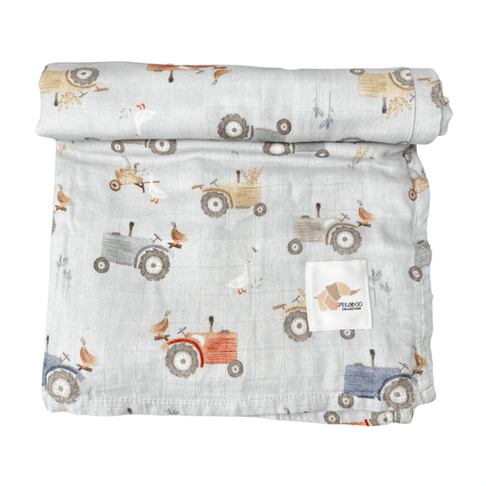 Couverture mousseline de bambou - Tracteurs vintages (bleu)