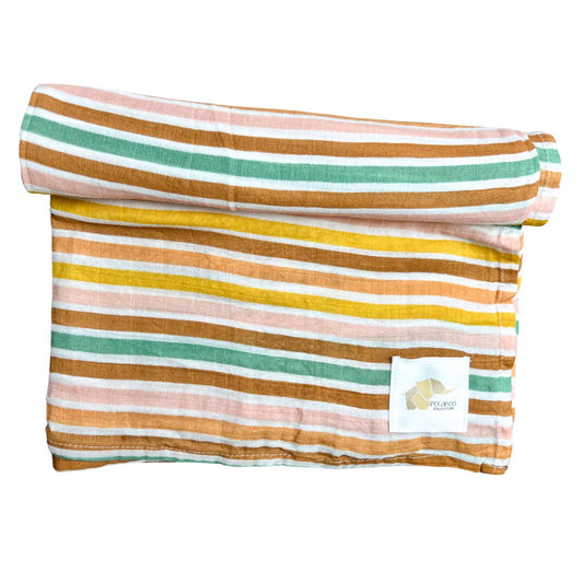 Couverture mousseline de coton - Ligné rust sauge rose