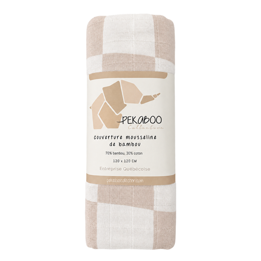 Couverture mousseline de bambou - Carreauté vieux rose