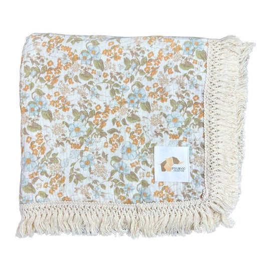 Couverture mousseline avec franges - Fleuri vintage bleu