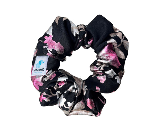 Chouchou élastique pour cheveux - Fleuri noir rose métallique