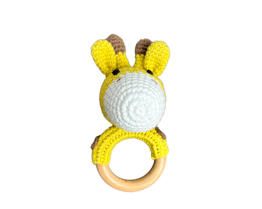 Hochet bois et crochet - Girafe moutarde