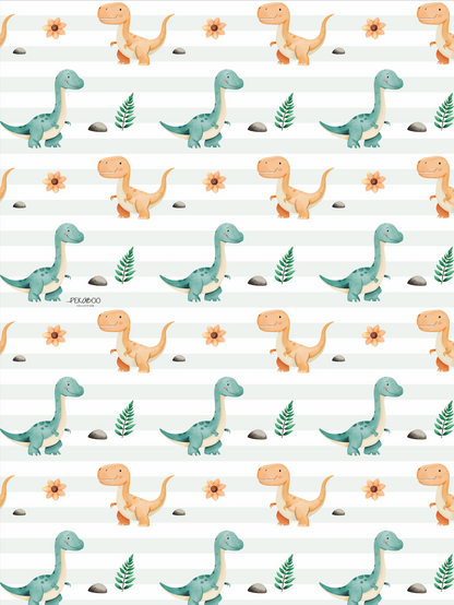 Couverture minky - Dinos sarcelle et beige ligné