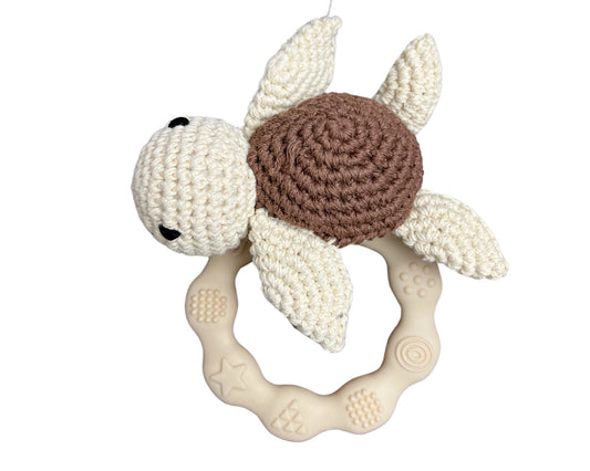 Hochet bois et crochet - Silicone tortue beige et brun
