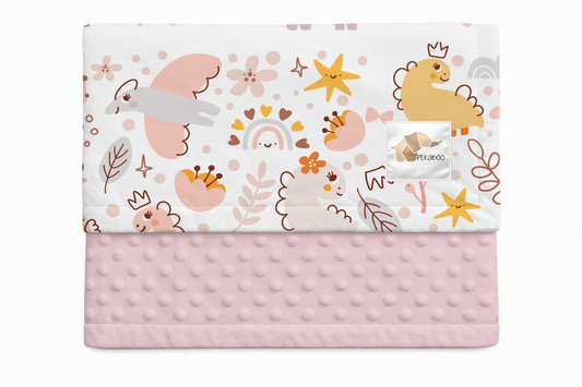 Couverture minky - Dinos roses moutarde et arcs-en-ciel