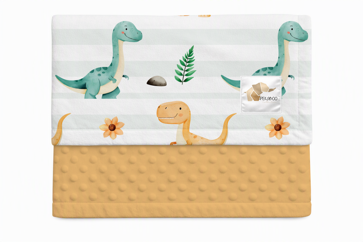 Couverture minky - Dinos sarcelle et beige ligné