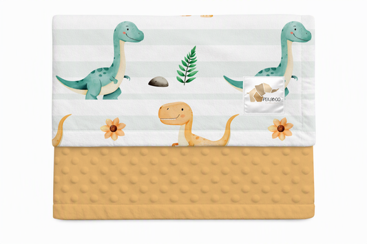 Couverture minky - Dinos sarcelle et beige ligné