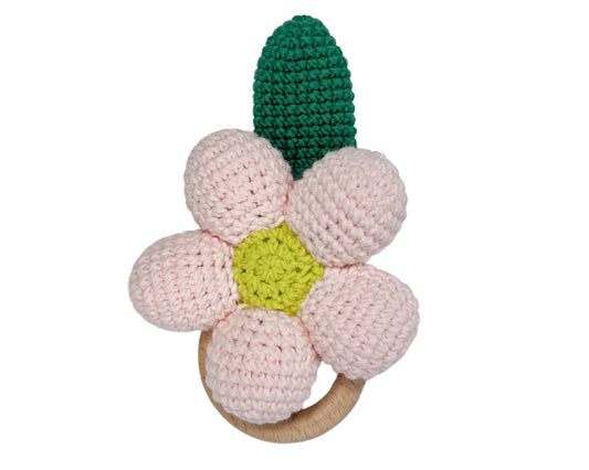Hochet bois et crochet - Marguerite rose et vert