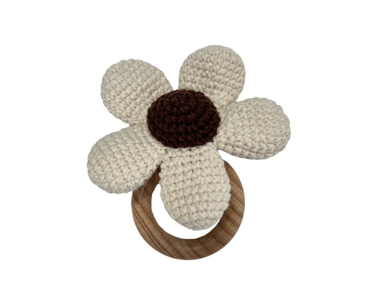 Hochet bois et crochet - Marguerite beige