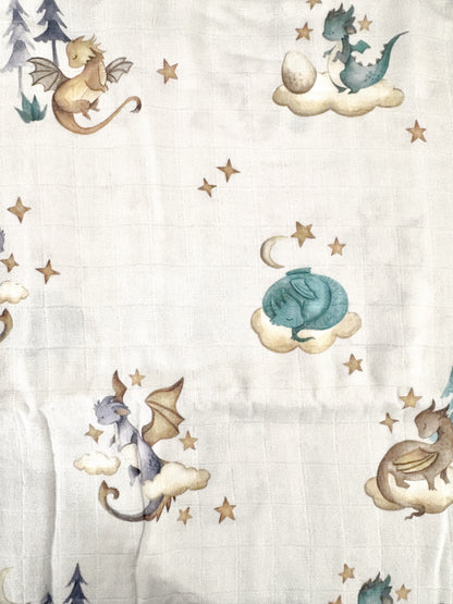 Couverture mousseline de bambou - Dragons sauge