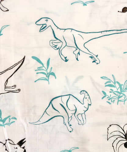 Couverture mousseline de bambou - Dessin dinosaure emeraude