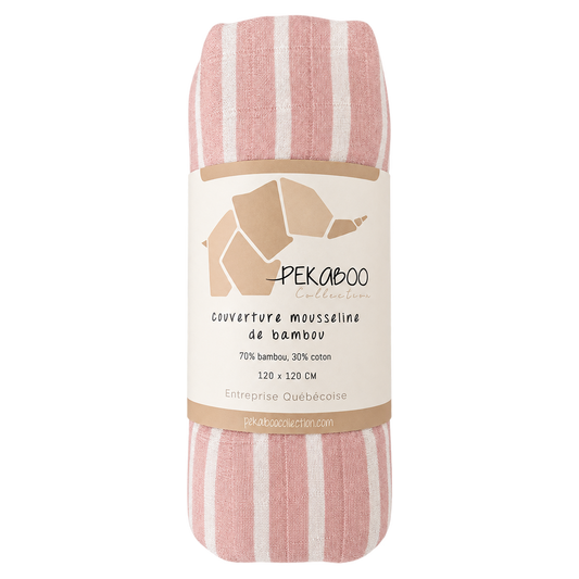 Couverture mousseline de bambou - Rayures rose vintage