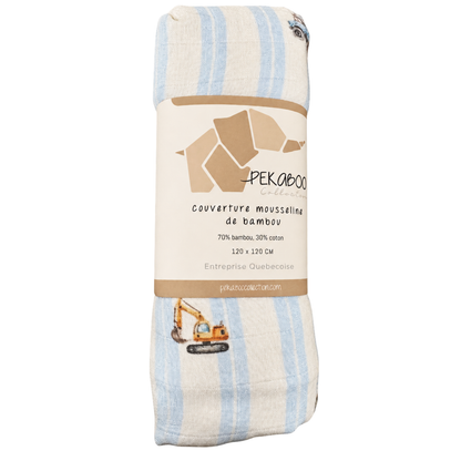 Couverture mousseline de bambou - Tracteur pelle lift bleus