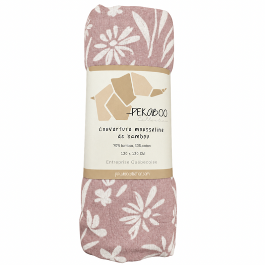 Couverture mousseline de bambou - Douce floraison vieux rose