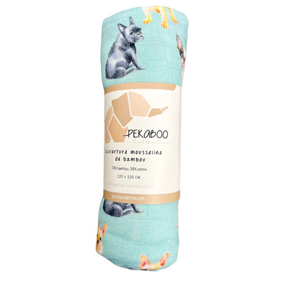 Couverture mousseline de bambou - Bouledogue français turquoise
