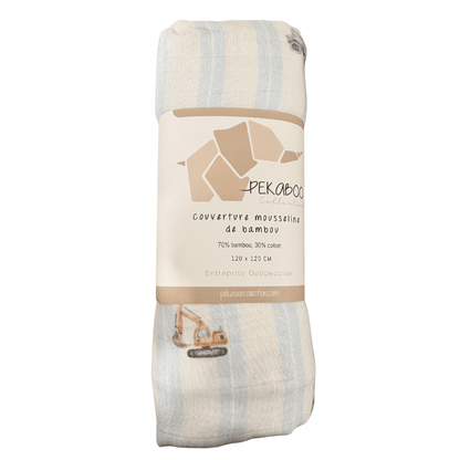 Couverture mousseline de bambou - Tracteur pelle lift bleus
