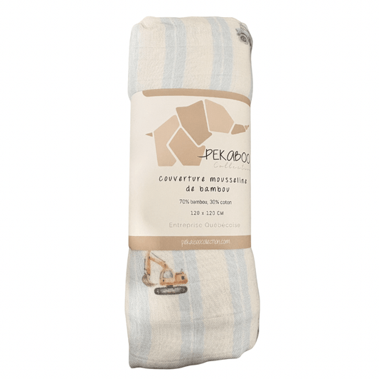 Couverture mousseline de bambou - Tracteur pelle lift bleus