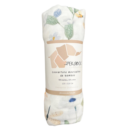 Couverture mousseline de bambou - Abeille et libellule du printemps