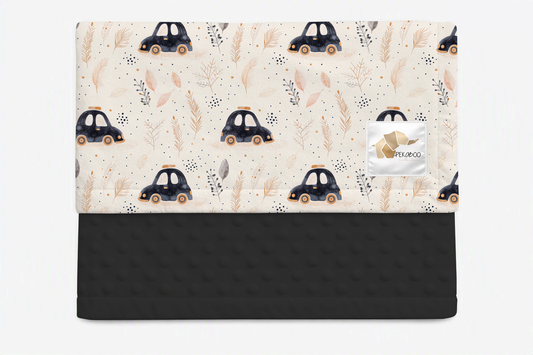 Couverture minky - Voitures vintage noires et feuillages dorés